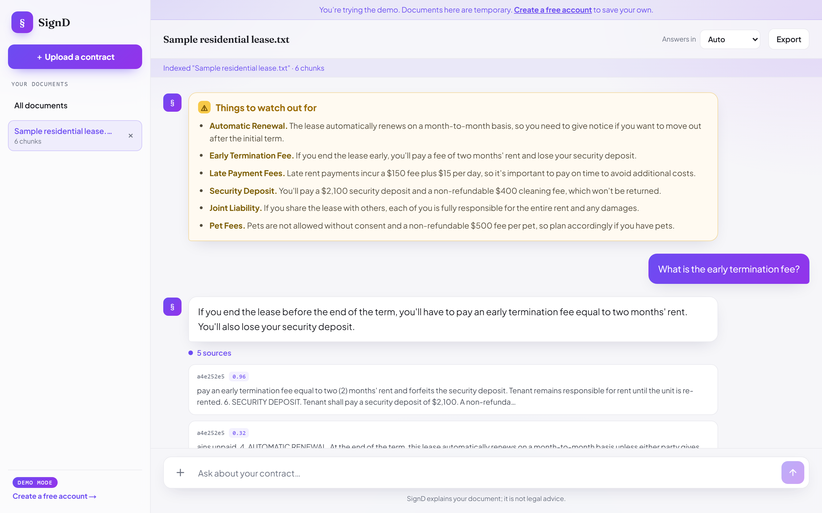 SignD answering a question with cited source clauses